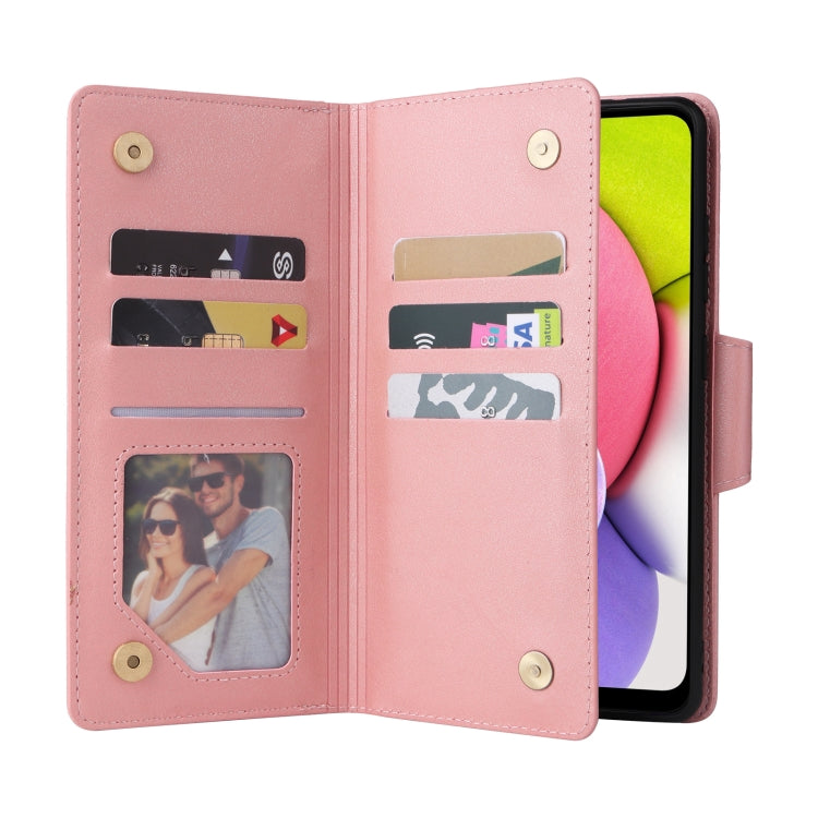 For Samsung Galaxy A03S 166mm Rivet Buckle 9 Cards Three Fold Leather Phone Case