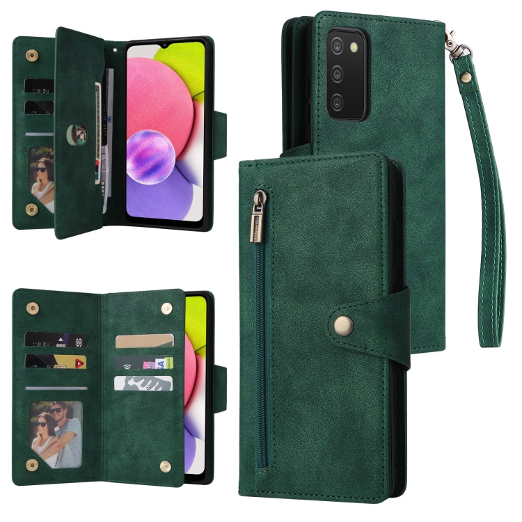 For Samsung Galaxy A03S 166mm Rivet Buckle 9 Cards Three Fold Leather Phone Case