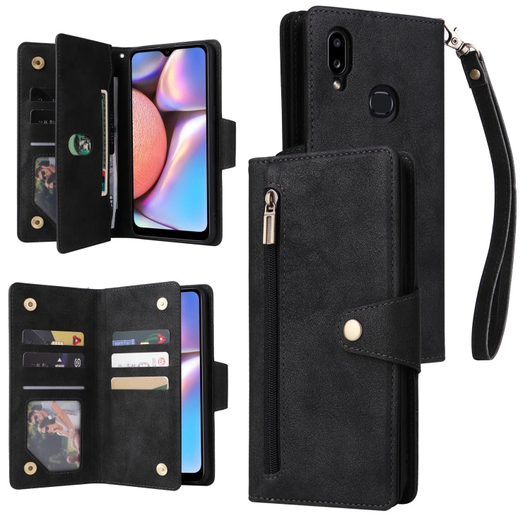 For Samsung Galaxy A10s Rivet Buckle 9 Cards Three Fold Leather Phone Case