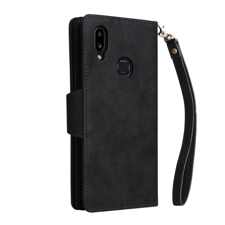 For Samsung Galaxy A10s Rivet Buckle 9 Cards Three Fold Leather Phone Case