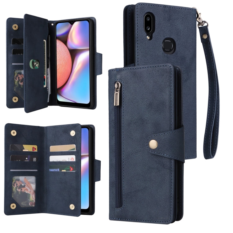 For Samsung Galaxy A10s Rivet Buckle 9 Cards Three Fold Leather Phone Case