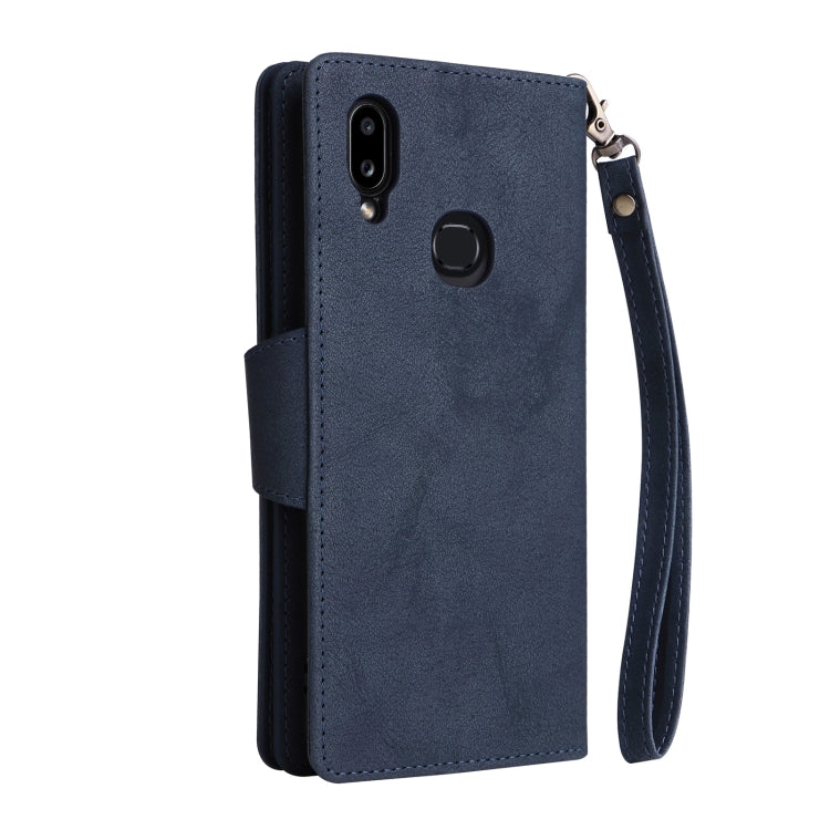 For Samsung Galaxy A10s Rivet Buckle 9 Cards Three Fold Leather Phone Case