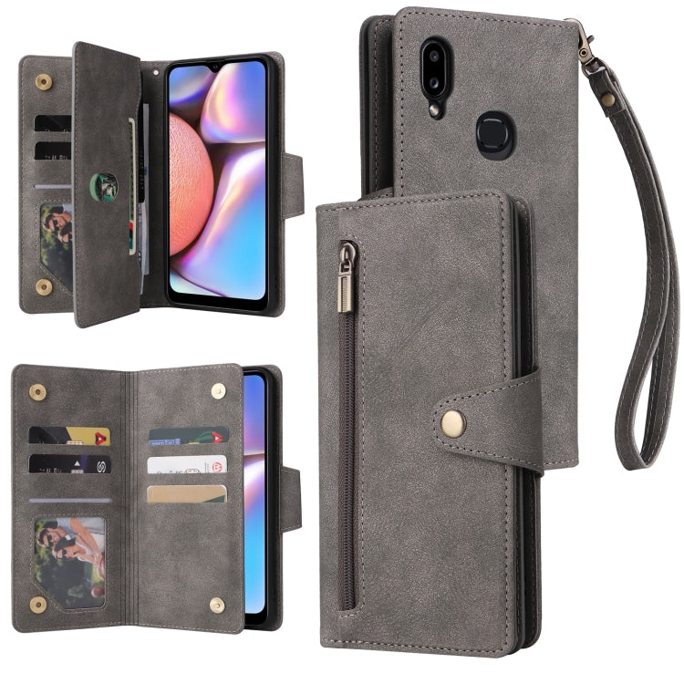 For Samsung Galaxy A10s Rivet Buckle 9 Cards Three Fold Leather Phone Case