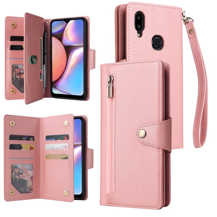 For Samsung Galaxy A10s Rivet Buckle 9 Cards Three Fold Leather Phone Case