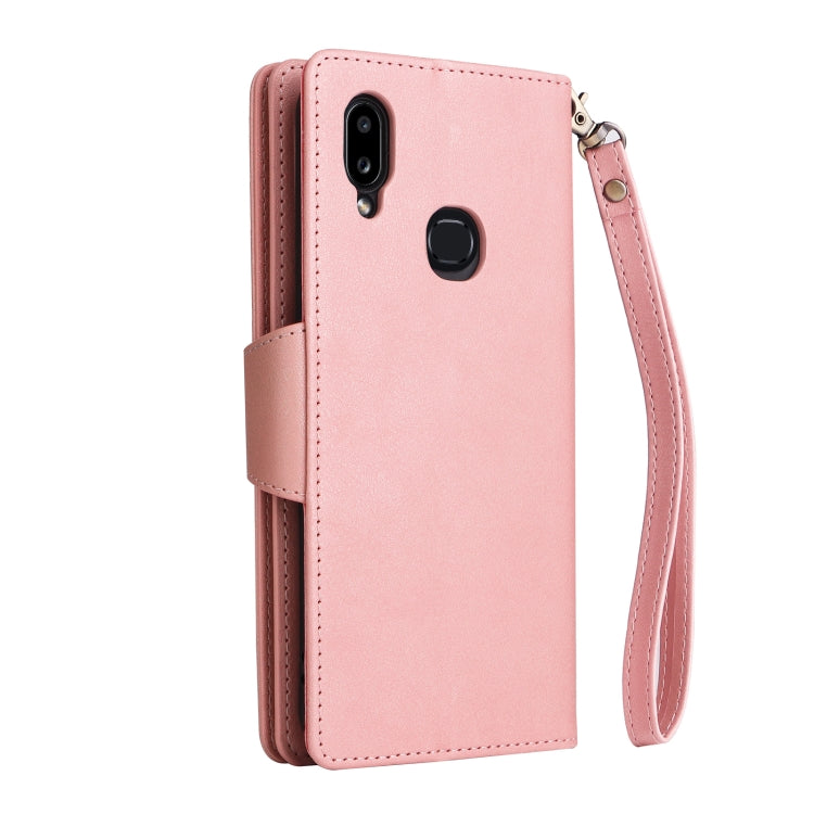 For Samsung Galaxy A10s Rivet Buckle 9 Cards Three Fold Leather Phone Case