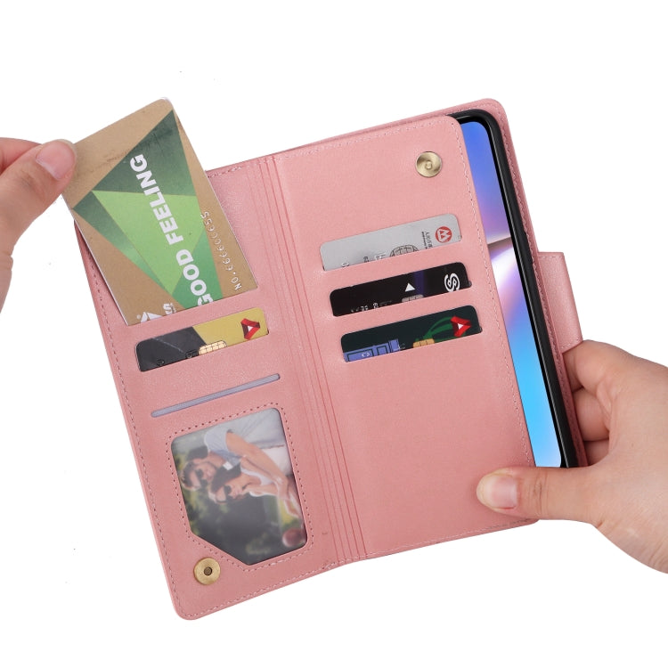 For Samsung Galaxy A10s Rivet Buckle 9 Cards Three Fold Leather Phone Case
