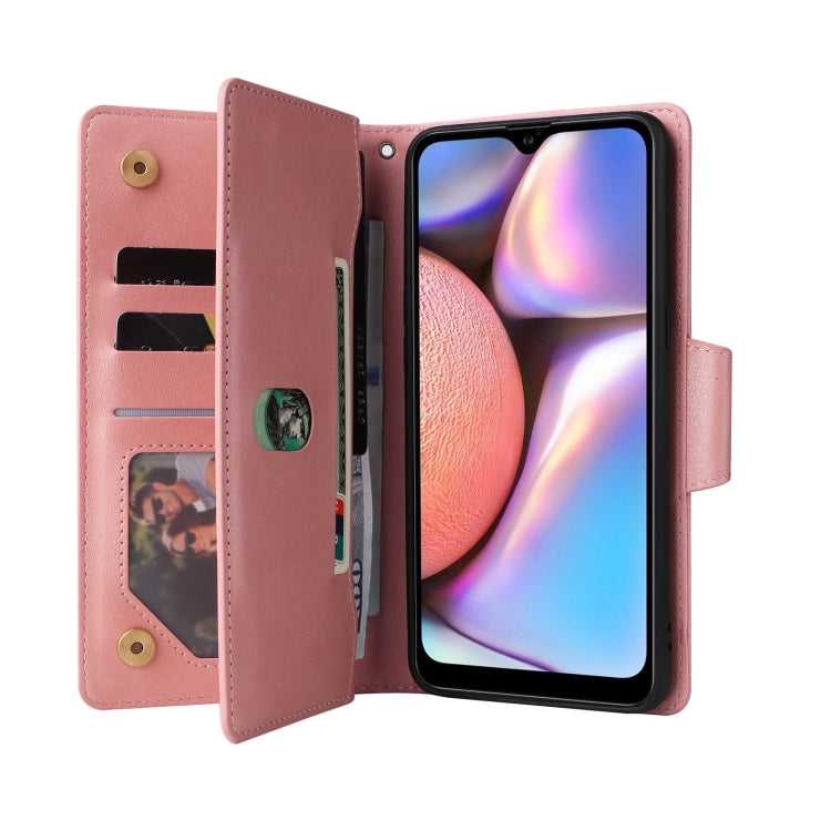For Samsung Galaxy A10s Rivet Buckle 9 Cards Three Fold Leather Phone Case