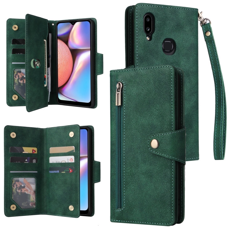 For Samsung Galaxy A10s Rivet Buckle 9 Cards Three Fold Leather Phone Case