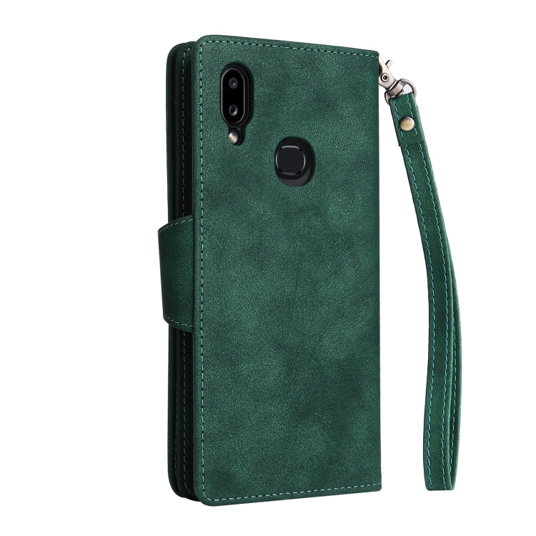 For Samsung Galaxy A10s Rivet Buckle 9 Cards Three Fold Leather Phone Case