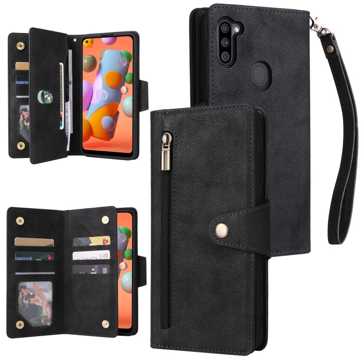For Samsung Galaxy A11 EU Version Rivet Buckle 9 Cards Three Fold Leather Phone Case