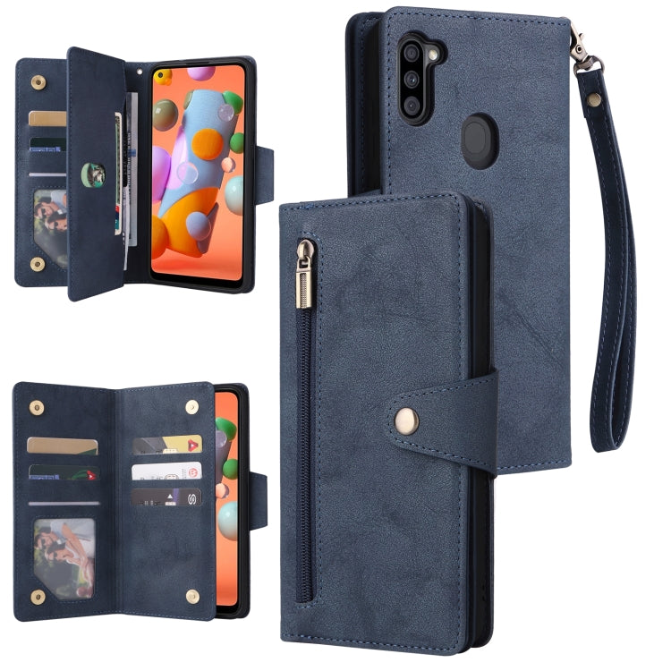 For Samsung Galaxy A11 EU Version Rivet Buckle 9 Cards Three Fold Leather Phone Case