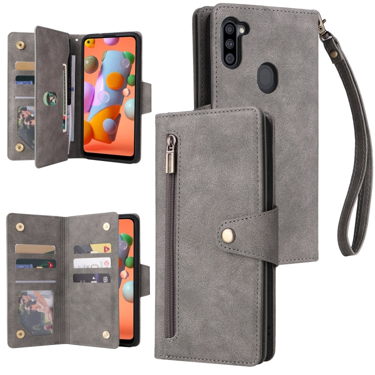 For Samsung Galaxy A11 EU Version Rivet Buckle 9 Cards Three Fold Leather Phone Case