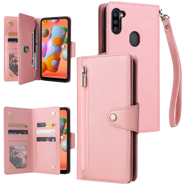 For Samsung Galaxy A11 EU Version Rivet Buckle 9 Cards Three Fold Leather Phone Case