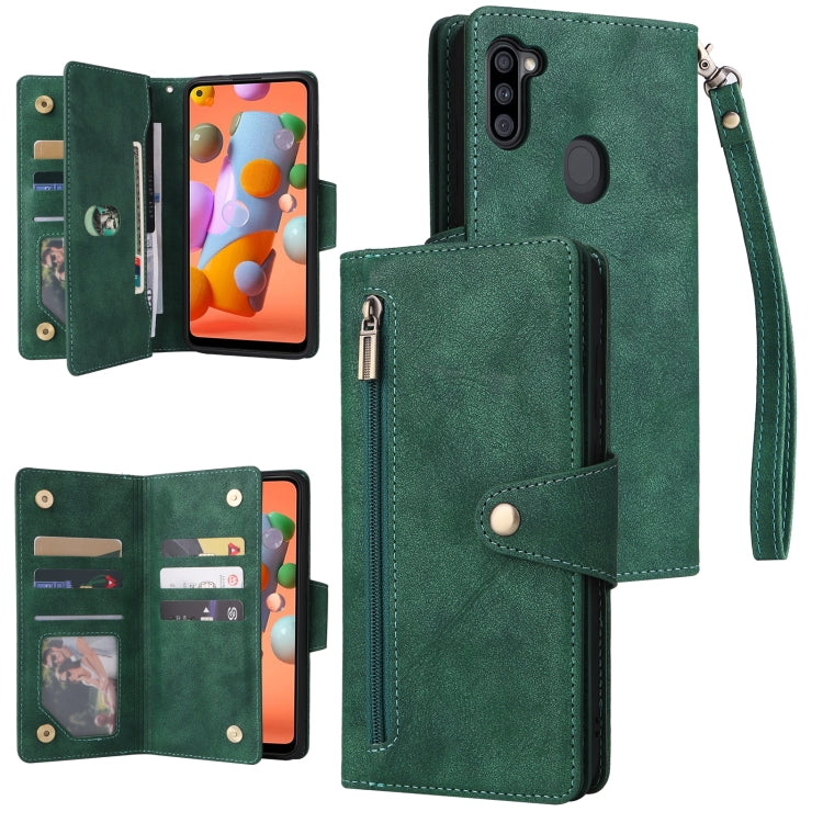 For Samsung Galaxy A11 EU Version Rivet Buckle 9 Cards Three Fold Leather Phone Case