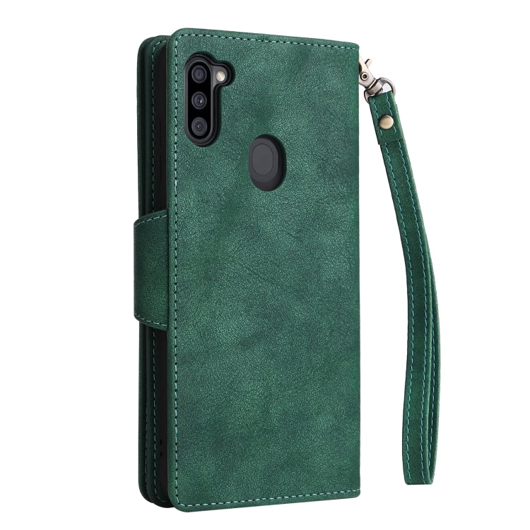For Samsung Galaxy A11 EU Version Rivet Buckle 9 Cards Three Fold Leather Phone Case