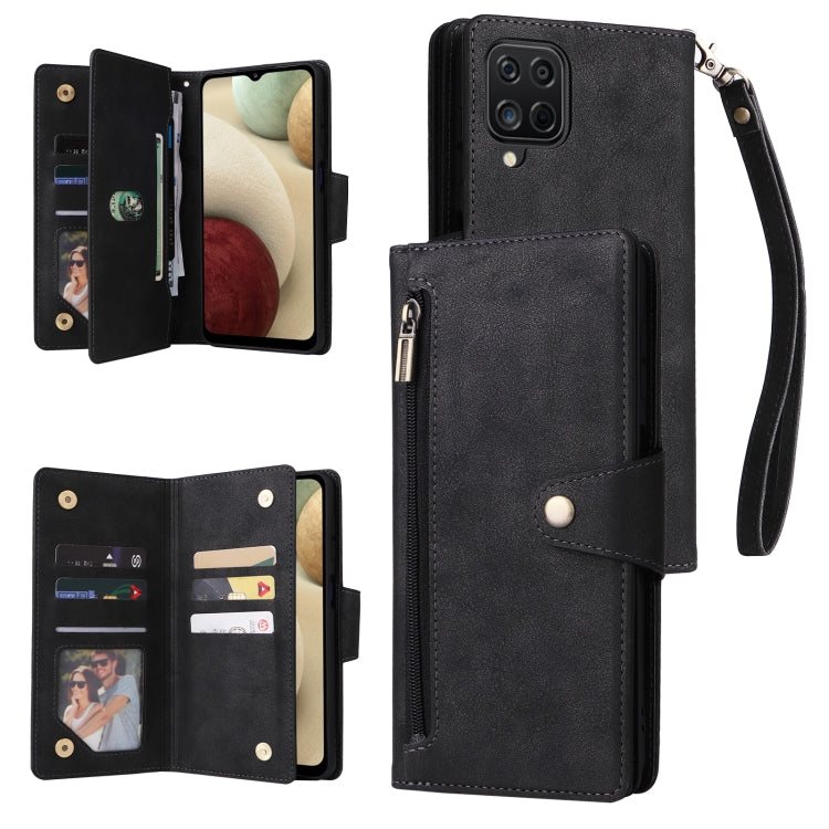 For Samsung Galaxy A12 5G Rivet Buckle 9 Cards Three Fold Leather Phone Case