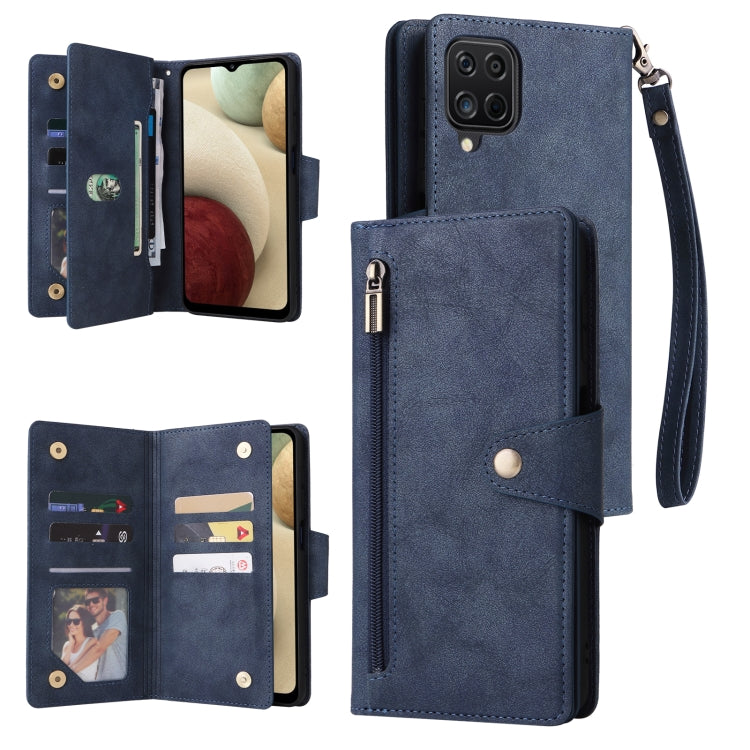 For Samsung Galaxy A12 5G Rivet Buckle 9 Cards Three Fold Leather Phone Case
