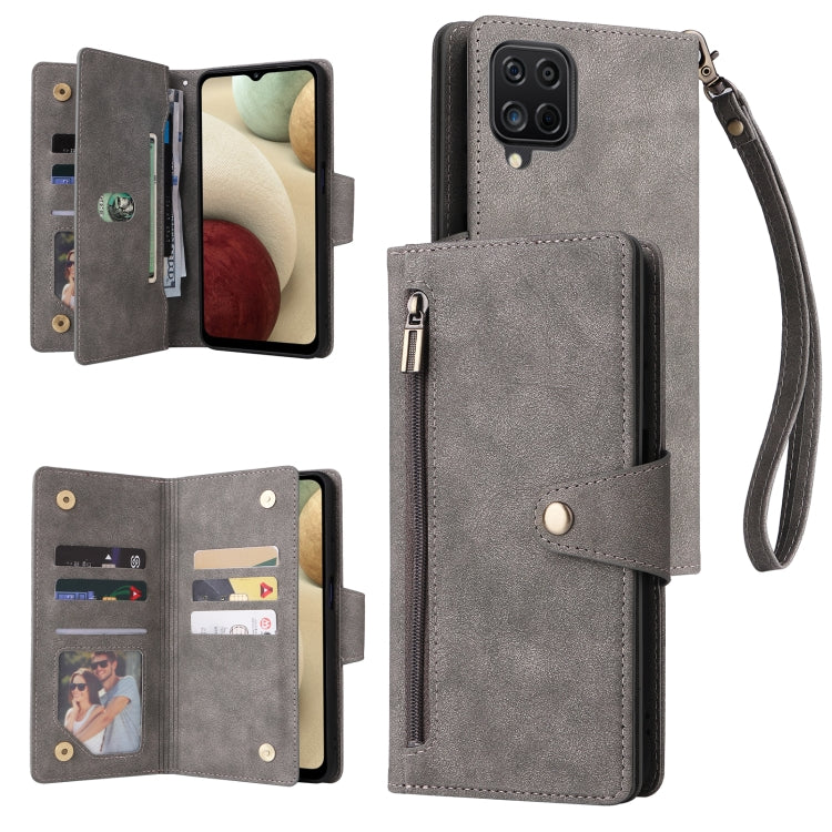 For Samsung Galaxy A12 5G Rivet Buckle 9 Cards Three Fold Leather Phone Case