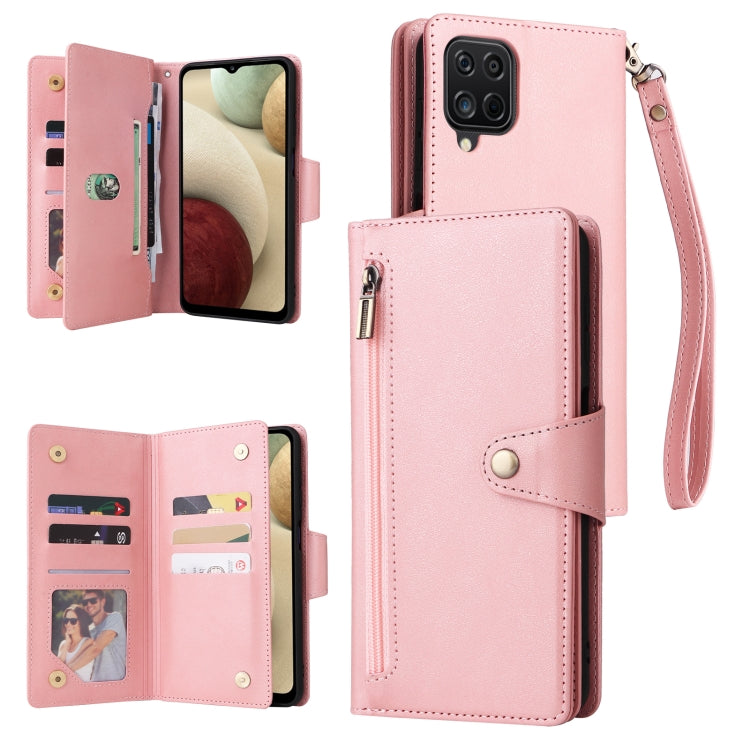 For Samsung Galaxy A12 5G Rivet Buckle 9 Cards Three Fold Leather Phone Case