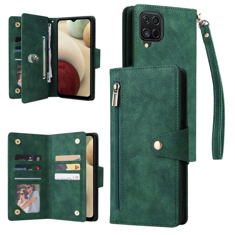 For Samsung Galaxy A12 5G Rivet Buckle 9 Cards Three Fold Leather Phone Case