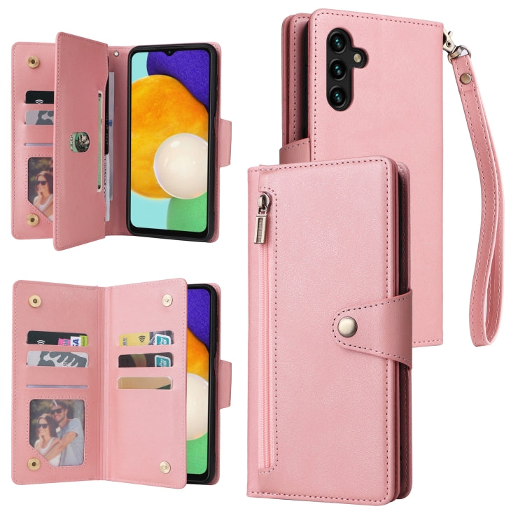 For Samsung Galaxy A13 5G Rivet Buckle 9 Cards Three Fold Leather Phone Case
