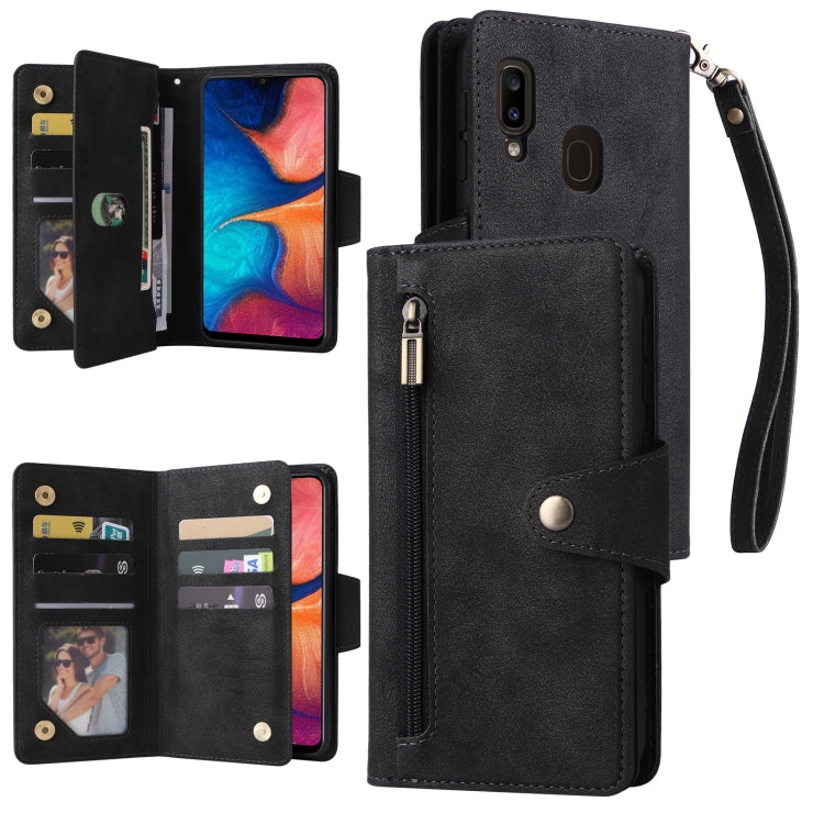 For Samsung Galaxy A20 Rivet Buckle 9 Cards Three Fold Leather Phone Case