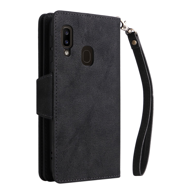 For Samsung Galaxy A20 Rivet Buckle 9 Cards Three Fold Leather Phone Case