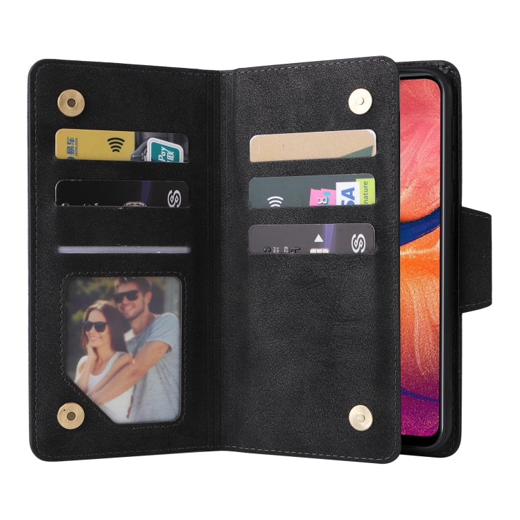 For Samsung Galaxy A20 Rivet Buckle 9 Cards Three Fold Leather Phone Case