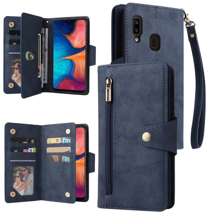 For Samsung Galaxy A20 Rivet Buckle 9 Cards Three Fold Leather Phone Case