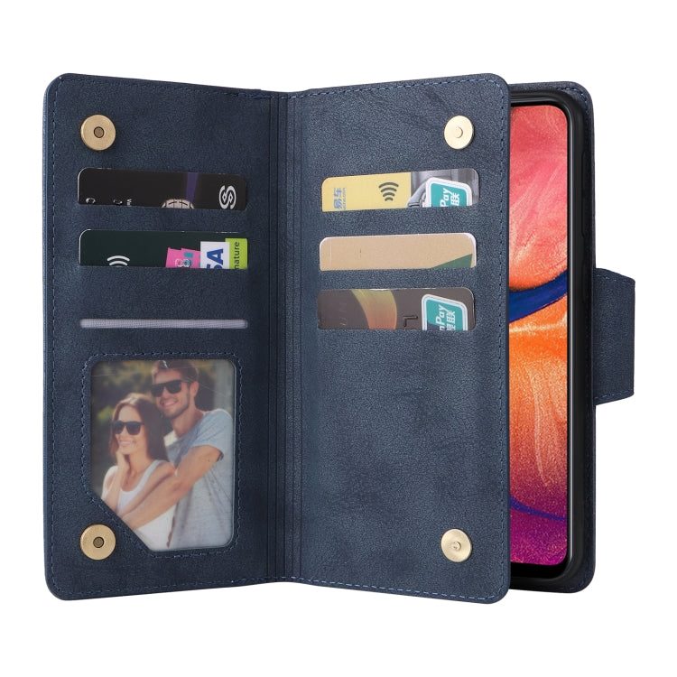 For Samsung Galaxy A20 Rivet Buckle 9 Cards Three Fold Leather Phone Case