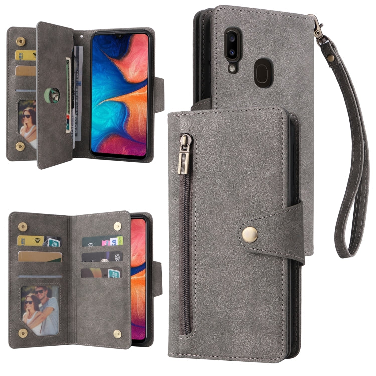 For Samsung Galaxy A20 Rivet Buckle 9 Cards Three Fold Leather Phone Case