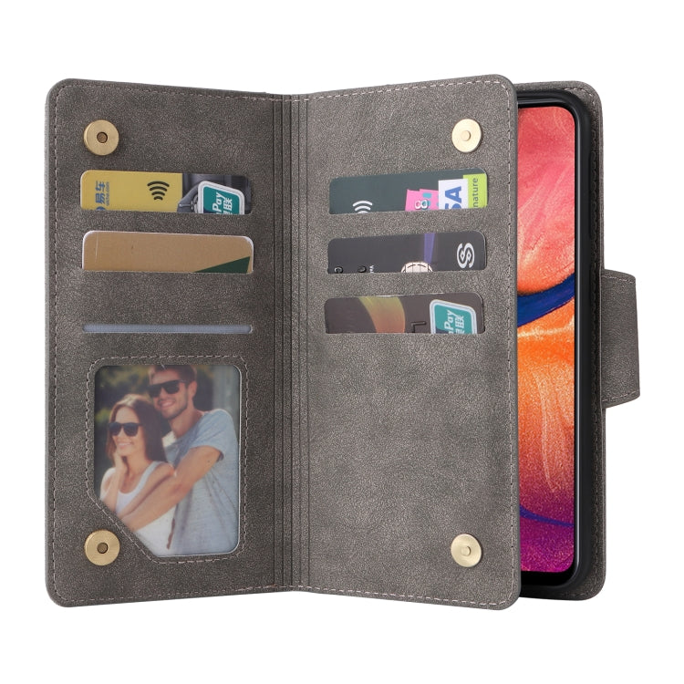 For Samsung Galaxy A20 Rivet Buckle 9 Cards Three Fold Leather Phone Case