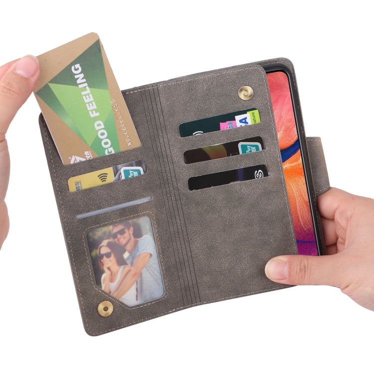 For Samsung Galaxy A20 Rivet Buckle 9 Cards Three Fold Leather Phone Case