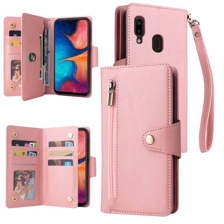 For Samsung Galaxy A20 Rivet Buckle 9 Cards Three Fold Leather Phone Case
