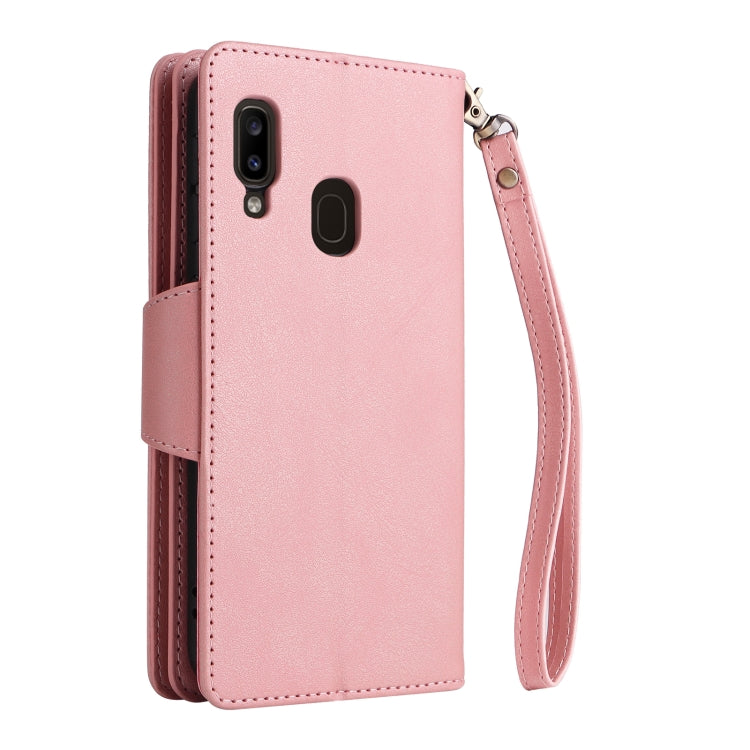 For Samsung Galaxy A20 Rivet Buckle 9 Cards Three Fold Leather Phone Case