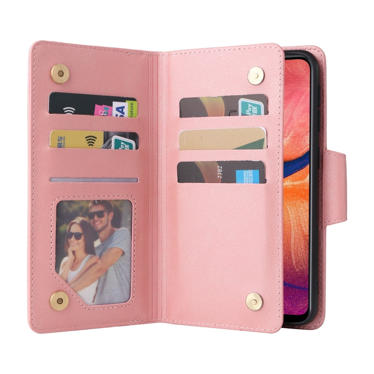 For Samsung Galaxy A20 Rivet Buckle 9 Cards Three Fold Leather Phone Case