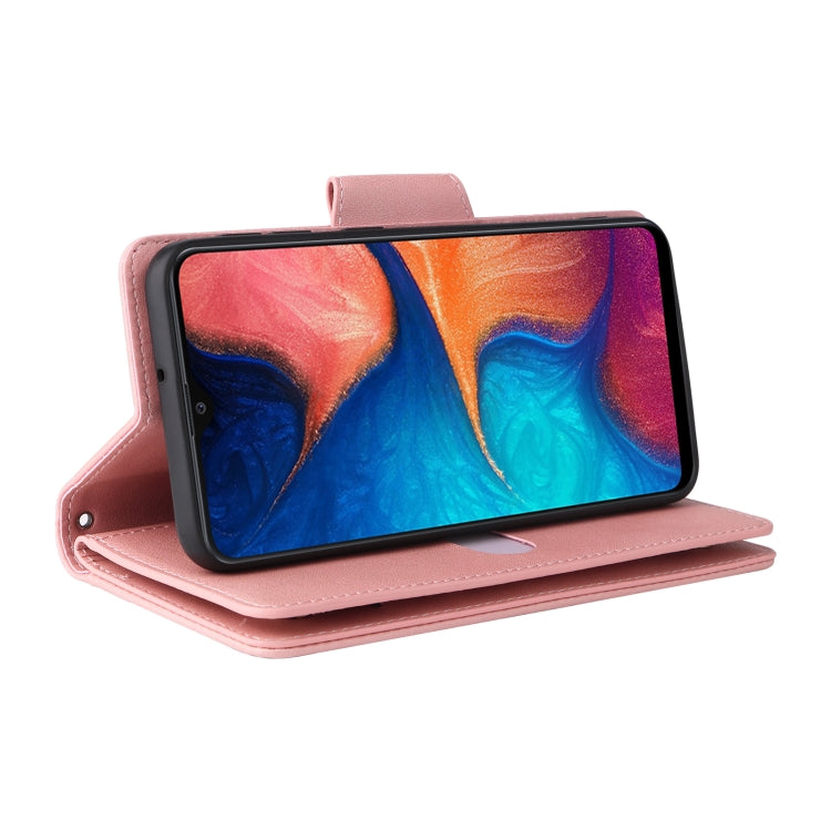 For Samsung Galaxy A20 Rivet Buckle 9 Cards Three Fold Leather Phone Case