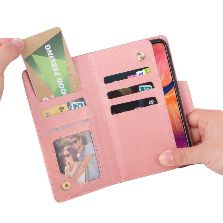 For Samsung Galaxy A20 Rivet Buckle 9 Cards Three Fold Leather Phone Case