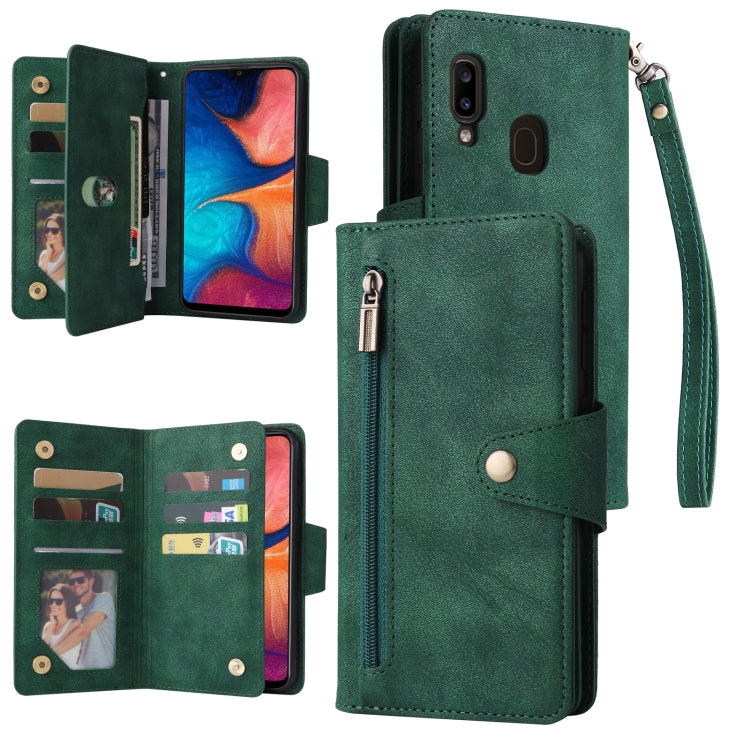 For Samsung Galaxy A20 Rivet Buckle 9 Cards Three Fold Leather Phone Case