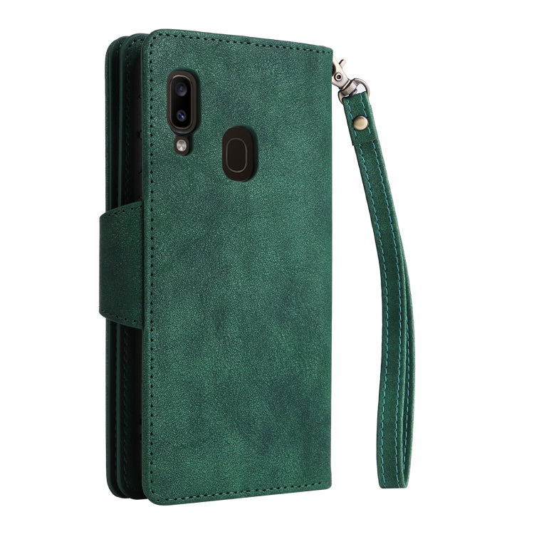 For Samsung Galaxy A20 Rivet Buckle 9 Cards Three Fold Leather Phone Case
