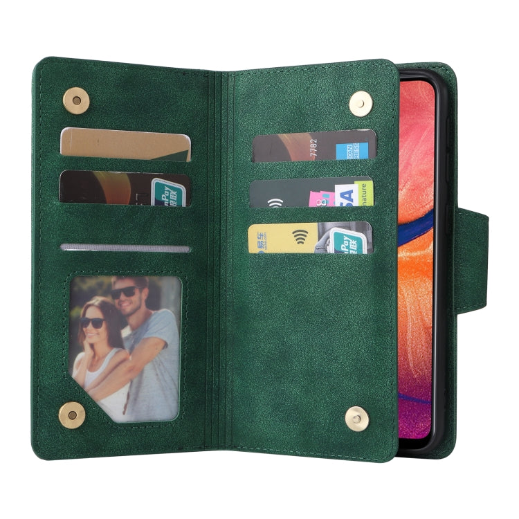 For Samsung Galaxy A20 Rivet Buckle 9 Cards Three Fold Leather Phone Case