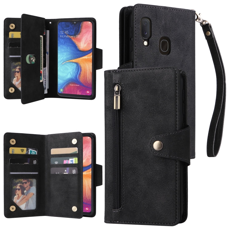 For Samsung Galaxy A20E Rivet Buckle 9 Cards Three Fold Leather Phone Case