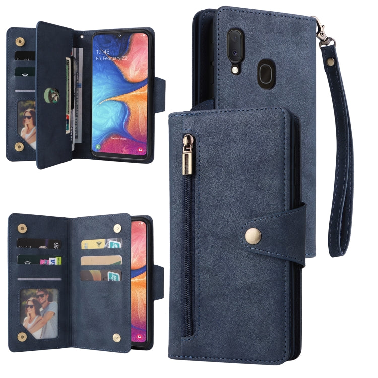 For Samsung Galaxy A20E Rivet Buckle 9 Cards Three Fold Leather Phone Case