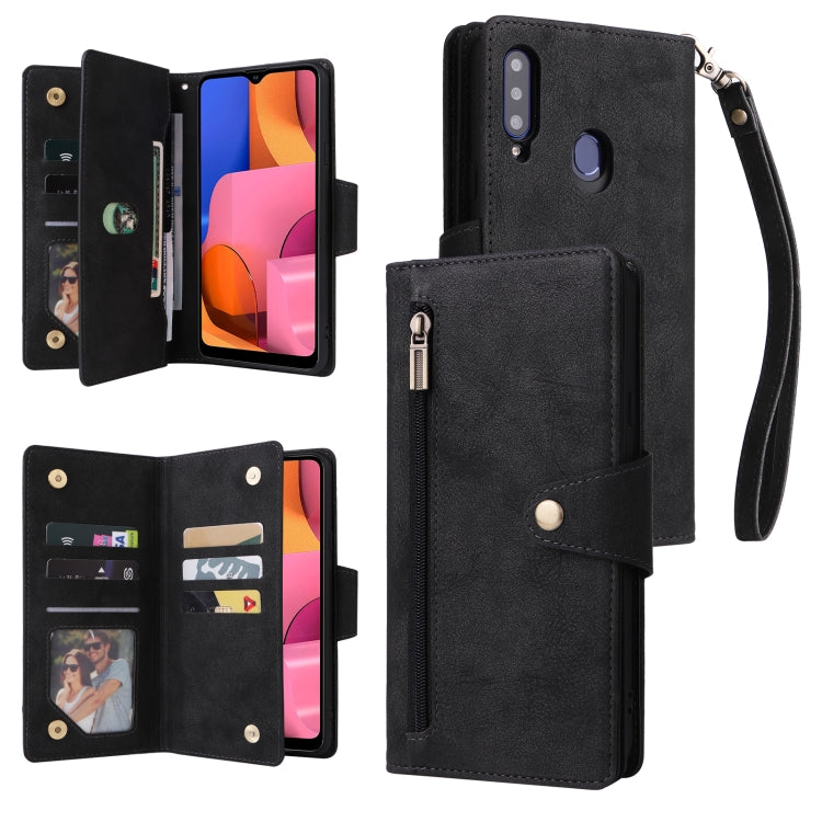 For Samsung Galaxy A20S Rivet Buckle 9 Cards Three Fold Leather Phone Case