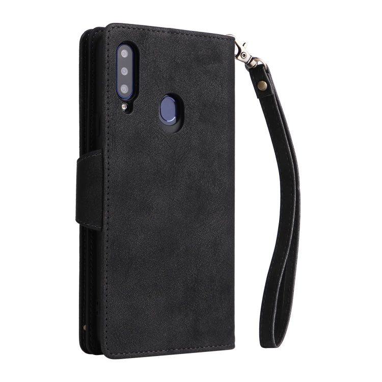 For Samsung Galaxy A20S Rivet Buckle 9 Cards Three Fold Leather Phone Case