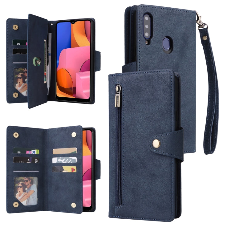 For Samsung Galaxy A20S Rivet Buckle 9 Cards Three Fold Leather Phone Case