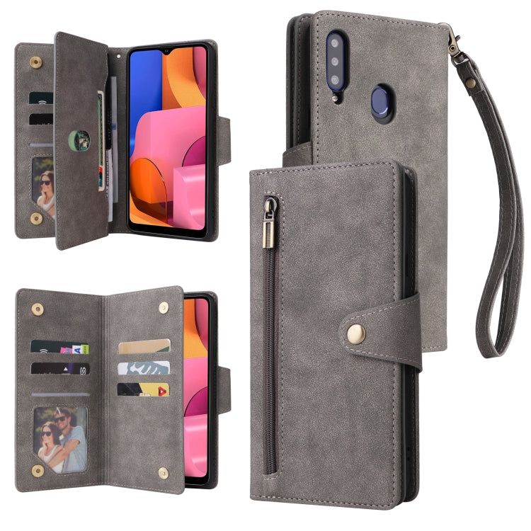 For Samsung Galaxy A20S Rivet Buckle 9 Cards Three Fold Leather Phone Case