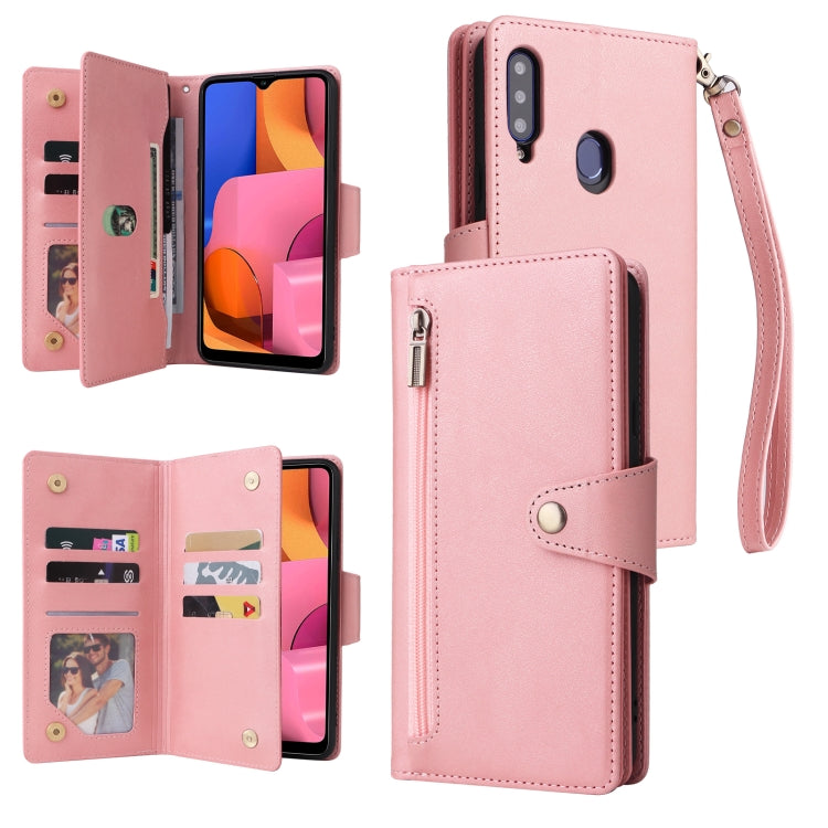 For Samsung Galaxy A20S Rivet Buckle 9 Cards Three Fold Leather Phone Case
