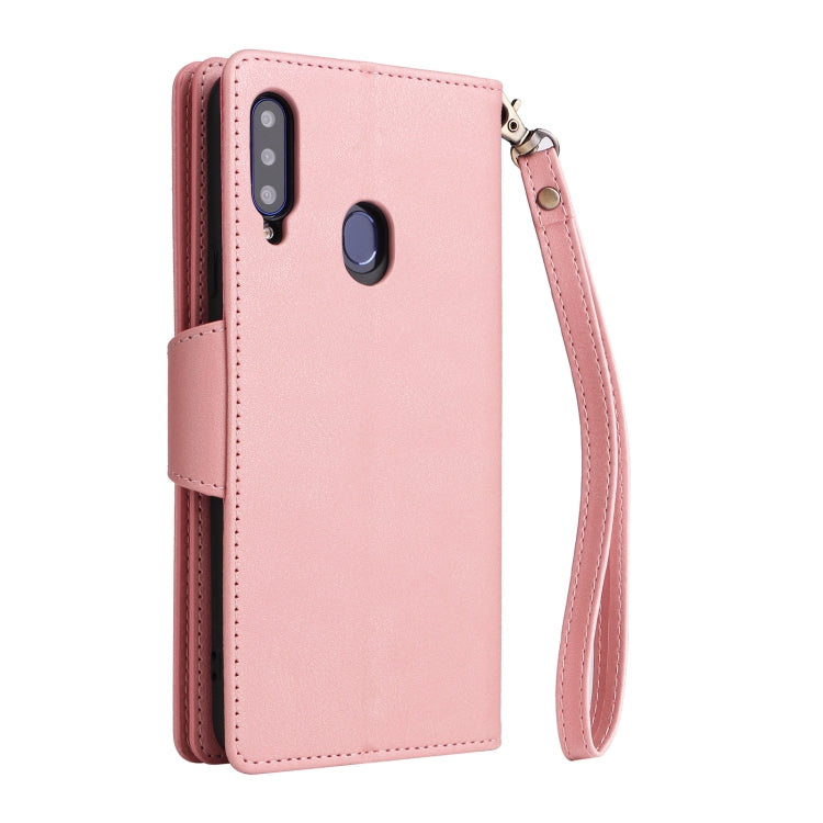 For Samsung Galaxy A20S Rivet Buckle 9 Cards Three Fold Leather Phone Case