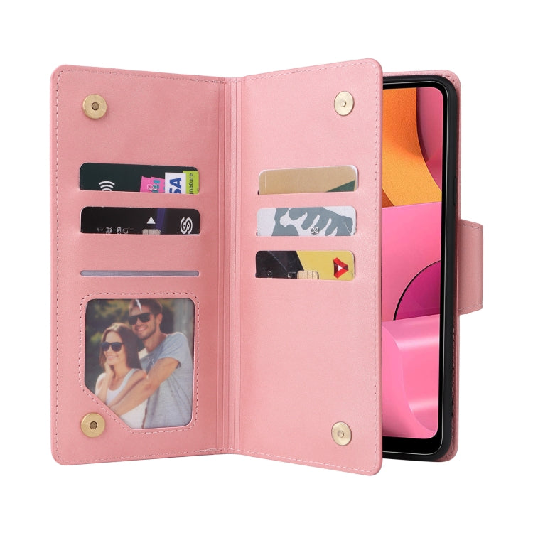 For Samsung Galaxy A20S Rivet Buckle 9 Cards Three Fold Leather Phone Case
